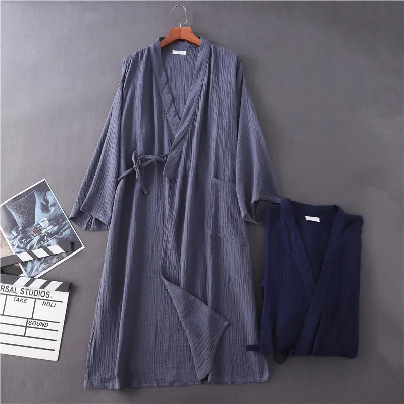 Lightweight Japanese Kimono Robe for Men & Women, Cotton Crepe Sleepwear Bathrobe for Spring & Autumn