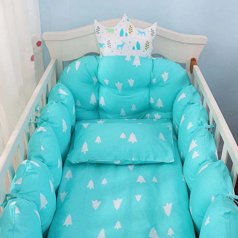 100% Cotton Crib Bed Linen Kit – Crown Design Baby Crib Bedding Set with Bumpers, Pillow, Quilt & Mattress Cover