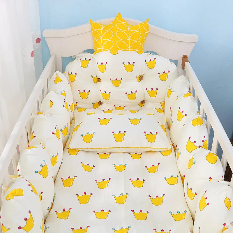 100% Cotton Crib Bed Linen Kit – Crown Design Baby Crib Bedding Set with Bumpers, Pillow, Quilt & Mattress Cover