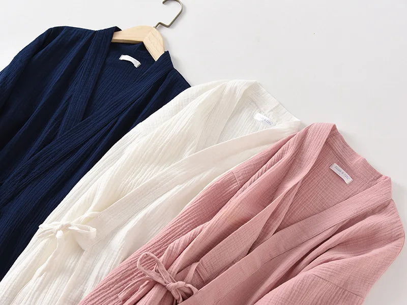 Lightweight Japanese Kimono Robe for Men & Women, Cotton Crepe Sleepwear Bathrobe for Spring & Autumn