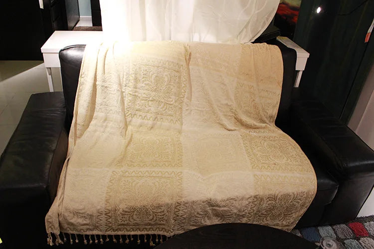 Mediterranean Bohemian Chenille Sofa Throw – Colorful Plaid Blanket with Tassels