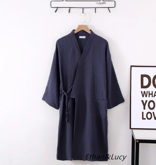 Lightweight Japanese Kimono Robe for Men & Women, Cotton Crepe Sleepwear Bathrobe for Spring & Autumn