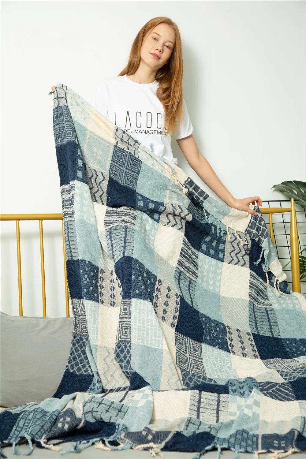 Mediterranean Bohemian Chenille Sofa Throw – Colorful Plaid Blanket with Tassels