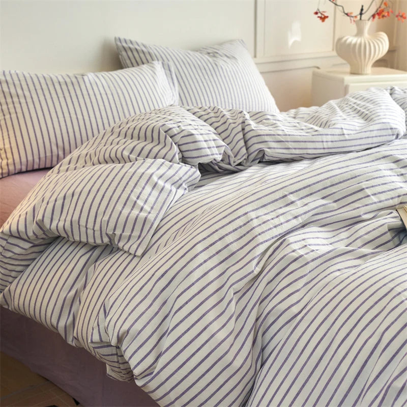 Luxury 100% Cotton Yarn Dyed Duvet Cover Set 3PCS Pre-Washed Stripe Bedding Set Soft Breathable