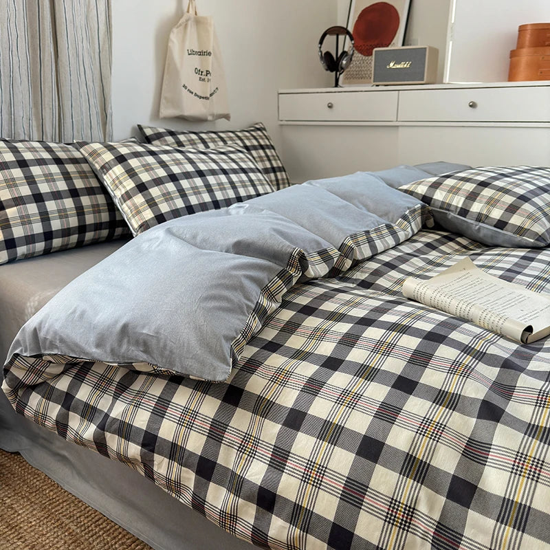 100% Cotton Plaid Style Duvet Cover Set with 2 Pillowcases - Soft & Breathable Bedding Set, Hypoallergenic, Easy Care