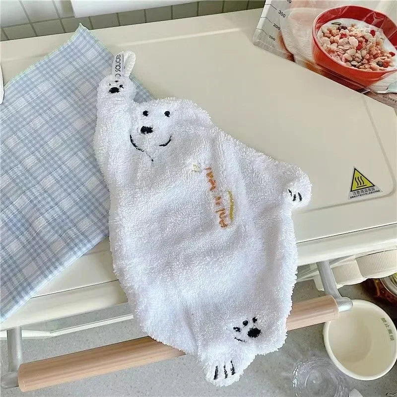 Polar Bear Hanging Hand Towel – Super Absorbent Thick Coral Fleece Cartoon Kitchen Wiping Towel