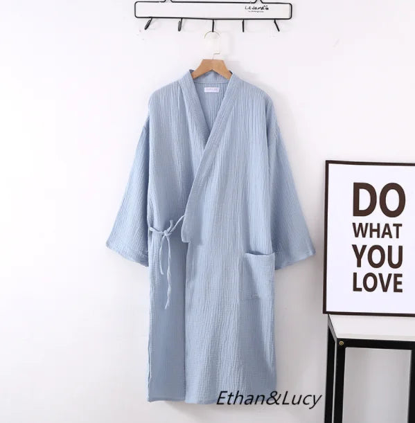 Lightweight Japanese Kimono Robe for Men & Women, Cotton Crepe Sleepwear Bathrobe for Spring & Autumn