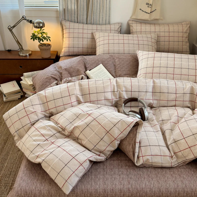 100% Cotton Plaid Style Duvet Cover Set with 2 Pillowcases - Soft & Breathable Bedding Set, Hypoallergenic, Easy Care