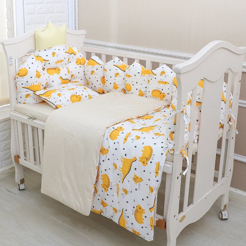 100% Cotton Crib Bed Linen Kit – Crown Design Baby Crib Bedding Set with Bumpers, Pillow, Quilt & Mattress Cover