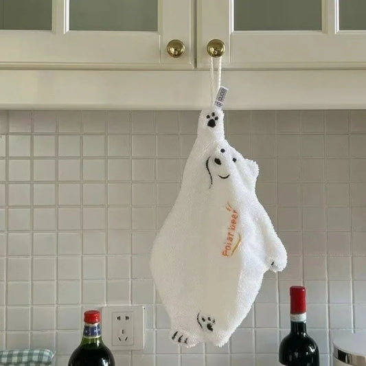 Polar Bear Hanging Hand Towel – Super Absorbent Thick Coral Fleece Cartoon Kitchen Wiping Towel