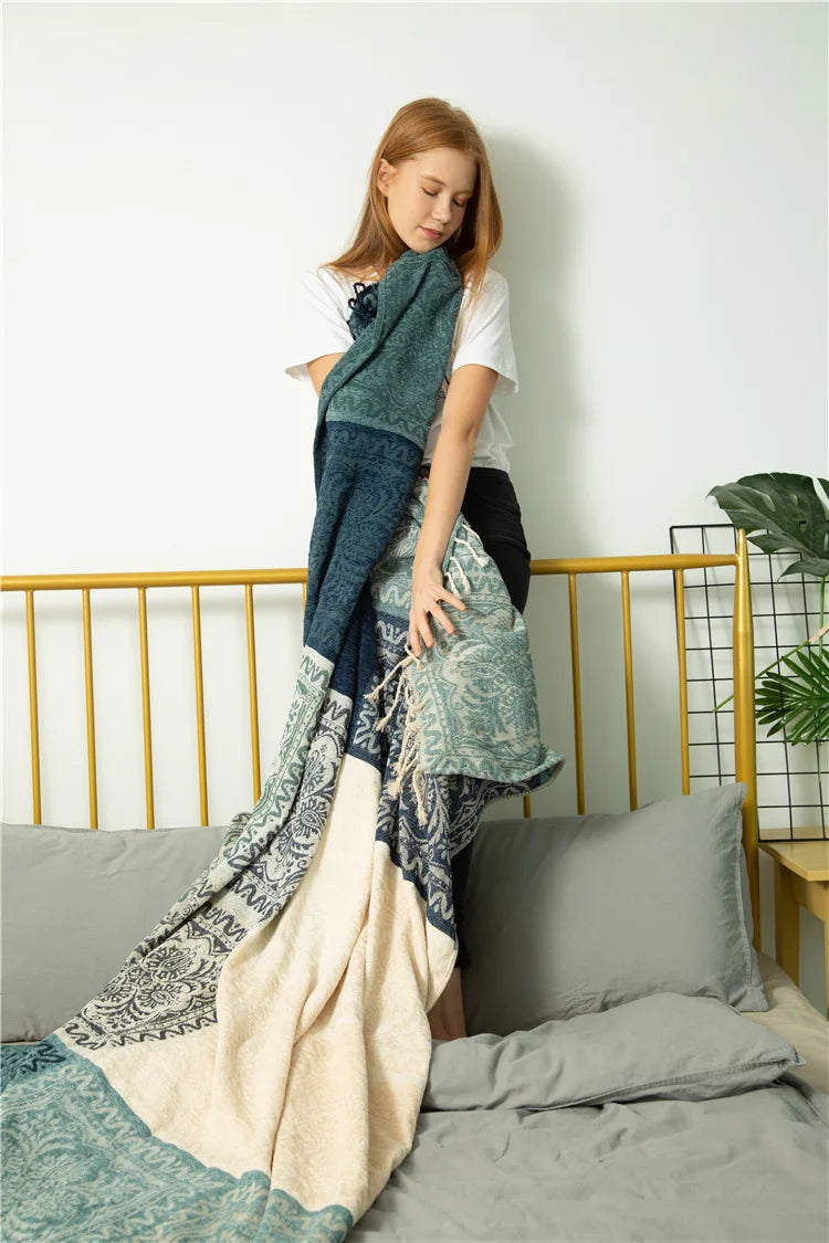 Mediterranean Bohemian Chenille Sofa Throw – Colorful Plaid Blanket with Tassels