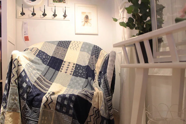 Mediterranean Bohemian Chenille Sofa Throw – Colorful Plaid Blanket with Tassels