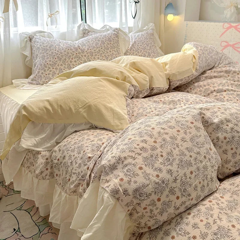 1.5m 1.8m Korean Style Cotton Fitted Sheet Set, Lace Floral Print Bedding for All Seasons – Adults & Kids