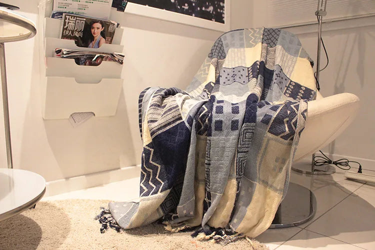 Mediterranean Bohemian Chenille Sofa Throw – Colorful Plaid Blanket with Tassels