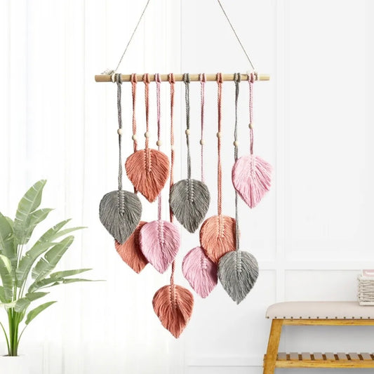 Boho Cotton Macrame Wall Decor – Handmade Leaf Tapestry, Woven Wall Hanging Art & Aesthetic Home Pendant Gift