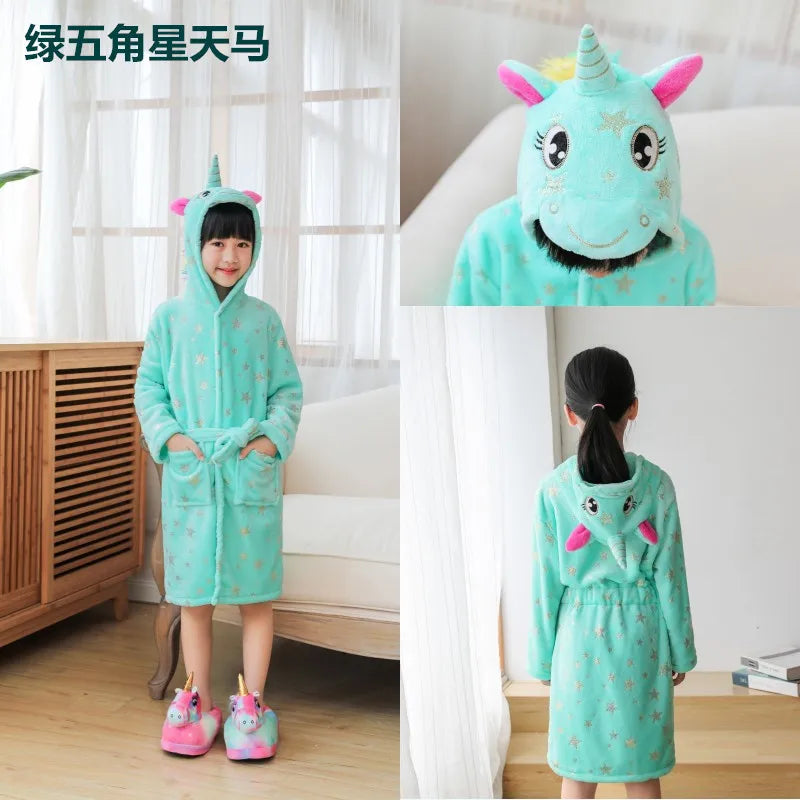 Children Bathrobe Unicorn Kigurumi Pajamas – Hooded Fleece Kids Bath Robe Nightgown for Girls Boys Baby