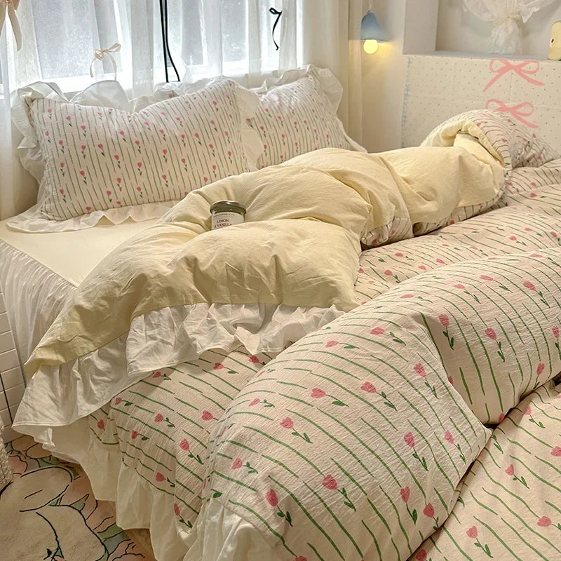 1.5m 1.8m Korean Style Cotton Fitted Sheet Set, Lace Floral Print Bedding for All Seasons – Adults & Kids