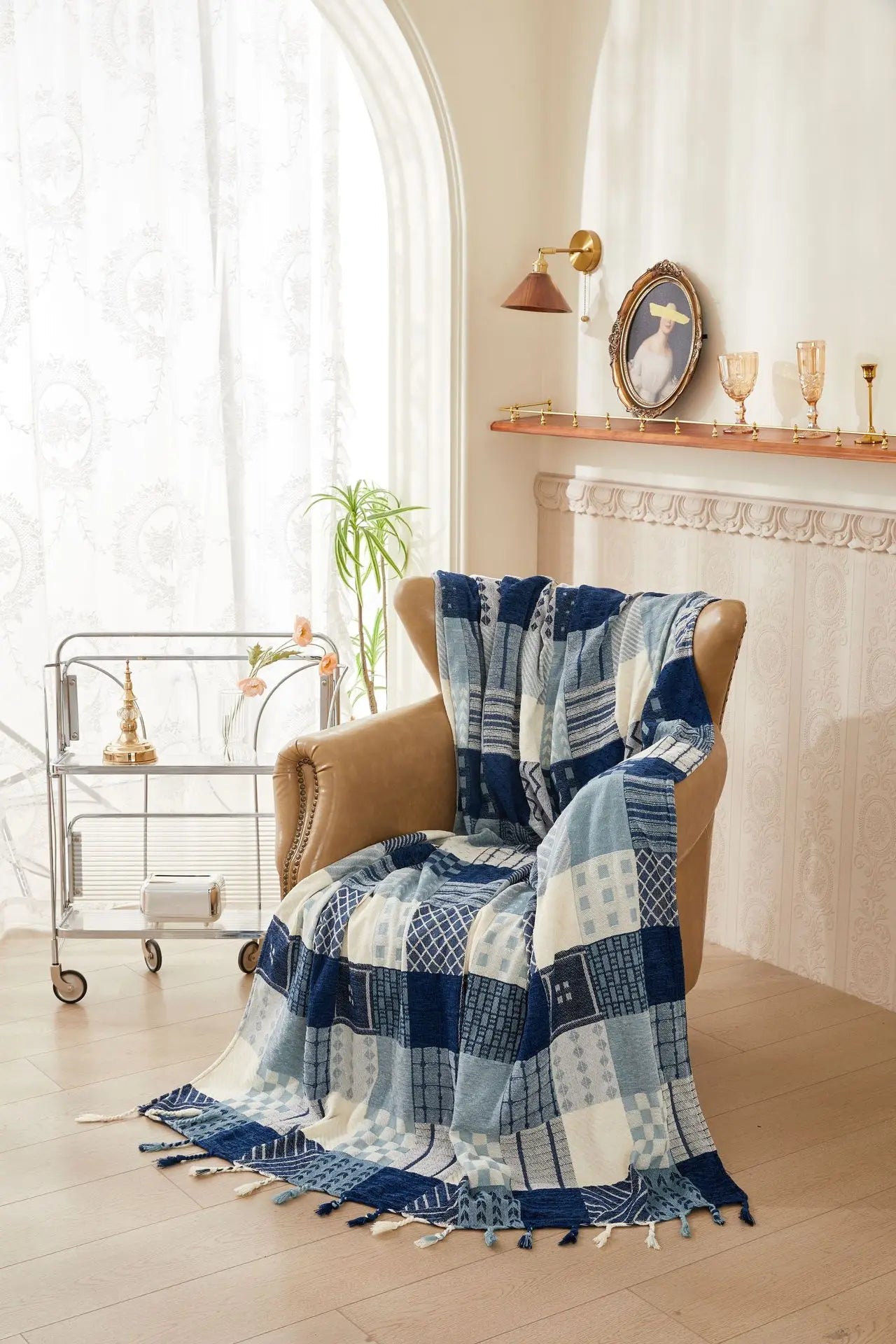 Mediterranean Bohemian Chenille Sofa Throw – Colorful Plaid Blanket with Tassels