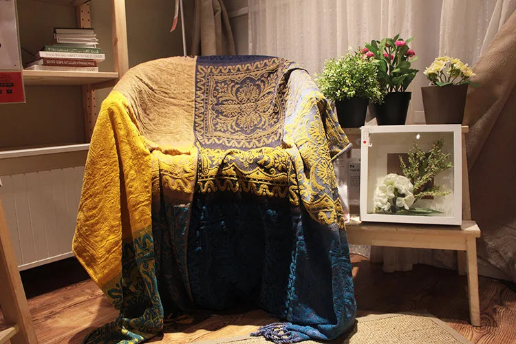 Mediterranean Bohemian Chenille Sofa Throw – Colorful Plaid Blanket with Tassels