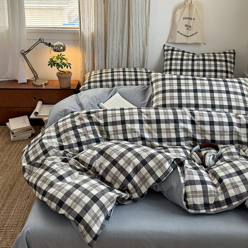 100% Cotton Plaid Style Duvet Cover Set with 2 Pillowcases - Soft & Breathable Bedding Set, Hypoallergenic, Easy Care