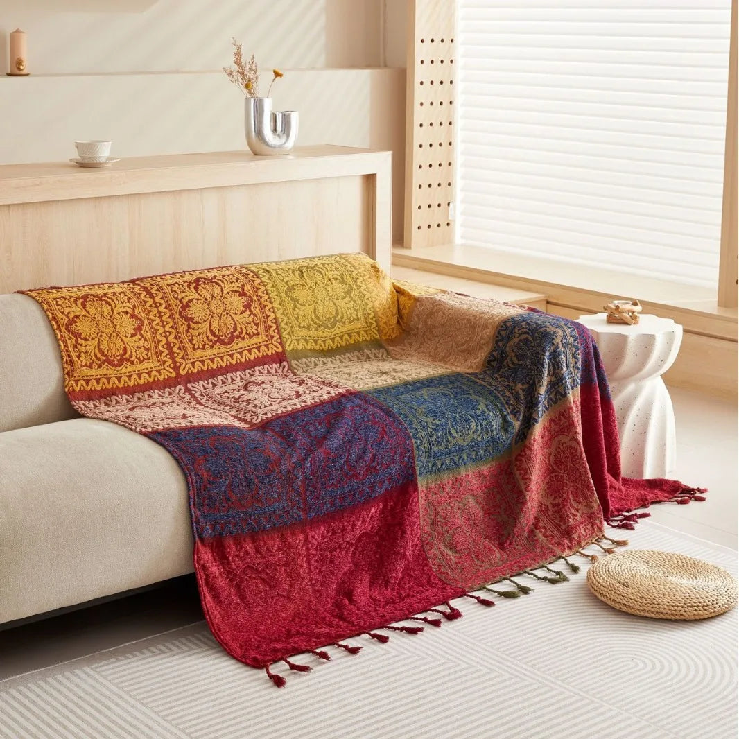 Mediterranean Bohemian Chenille Sofa Throw – Colorful Plaid Blanket with Tassels