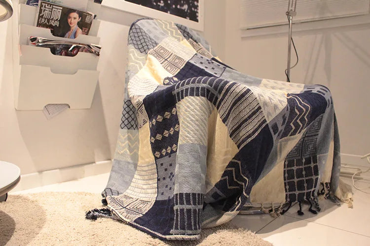 Mediterranean Bohemian Chenille Sofa Throw – Colorful Plaid Blanket with Tassels