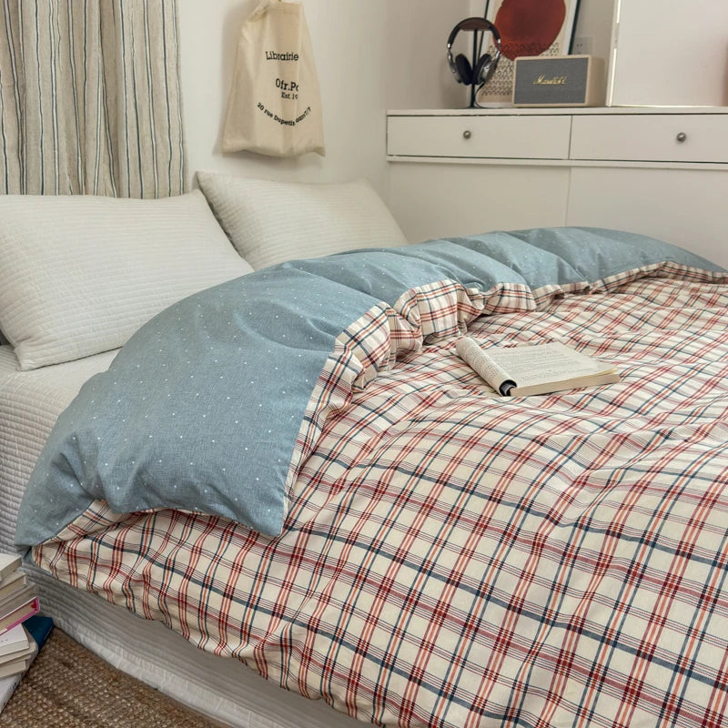 100% Cotton Plaid Style Duvet Cover Set with 2 Pillowcases - Soft & Breathable Bedding Set, Hypoallergenic, Easy Care
