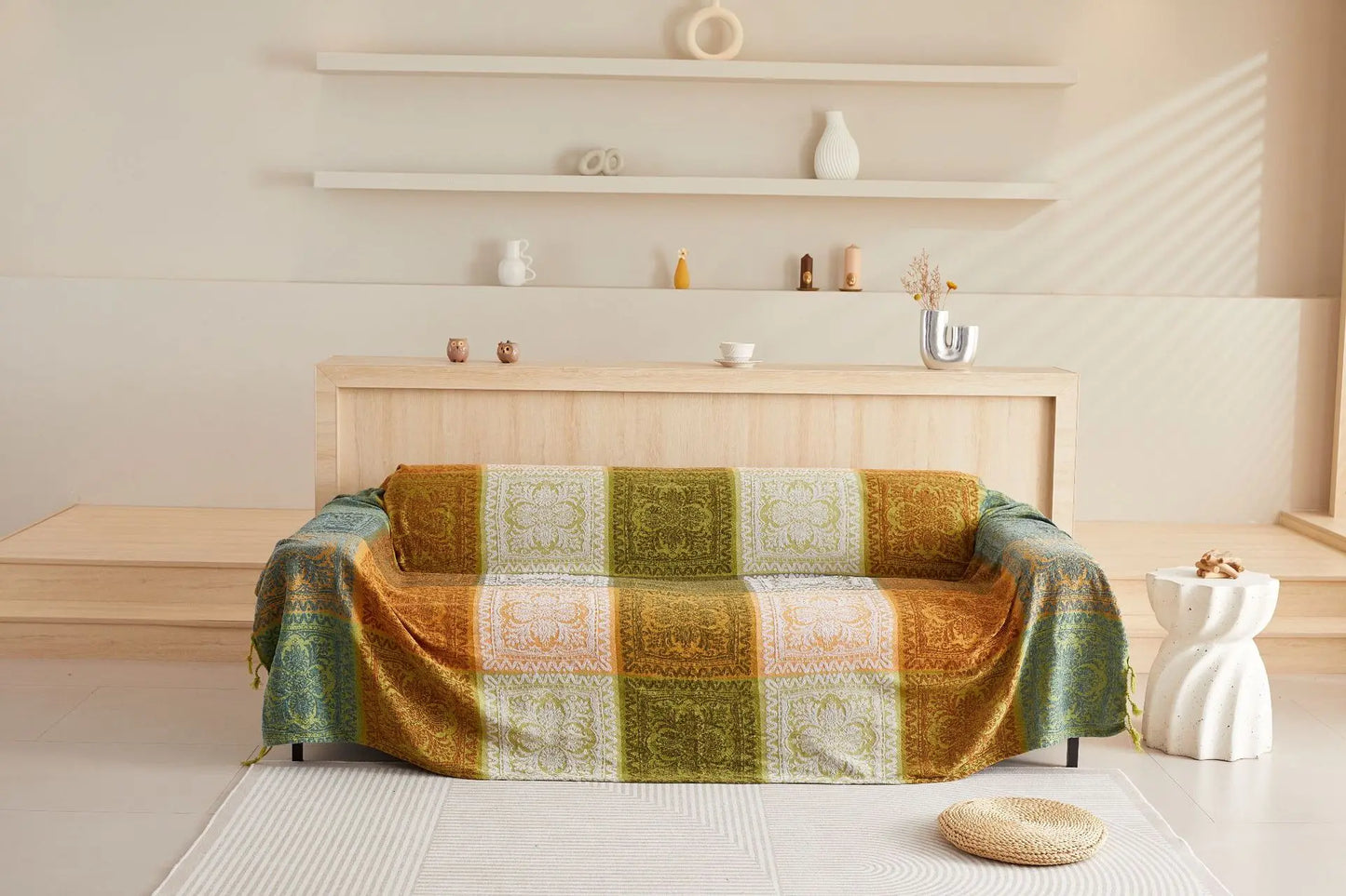 Mediterranean Bohemian Chenille Sofa Throw – Colorful Plaid Blanket with Tassels