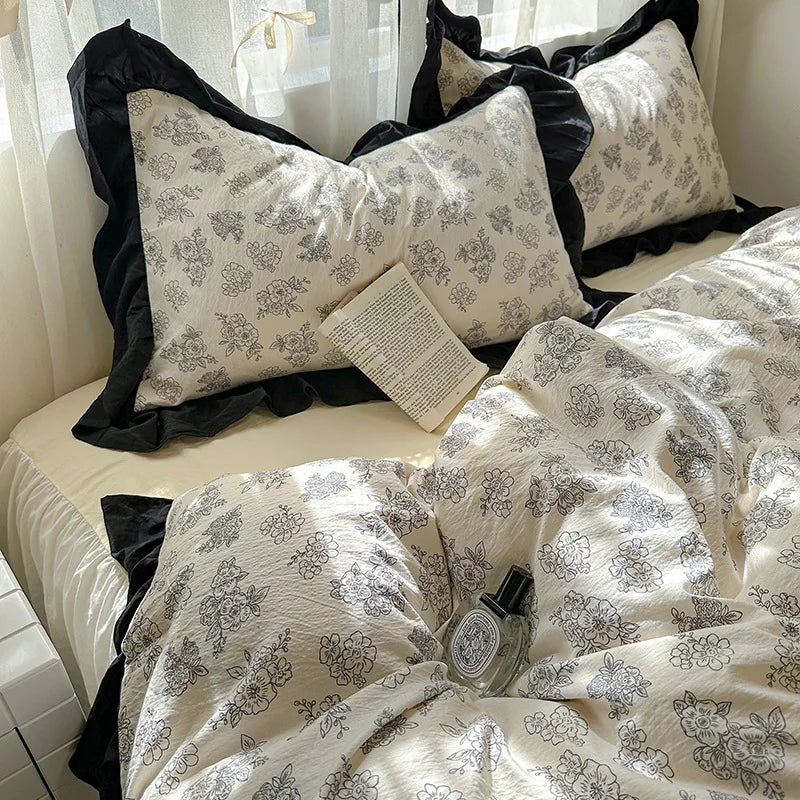 1.5m 1.8m Korean Style Cotton Fitted Sheet Set, Lace Floral Print Bedding for All Seasons – Adults & Kids