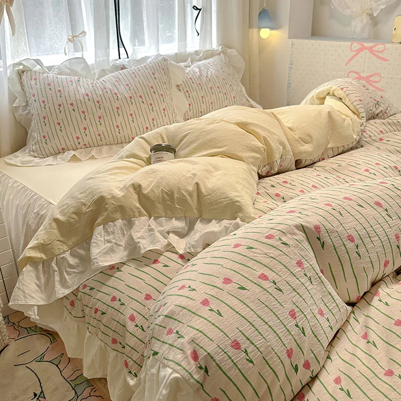 1.5m 1.8m Korean Style Cotton Fitted Sheet Set, Lace Floral Print Bedding for All Seasons – Adults & Kids