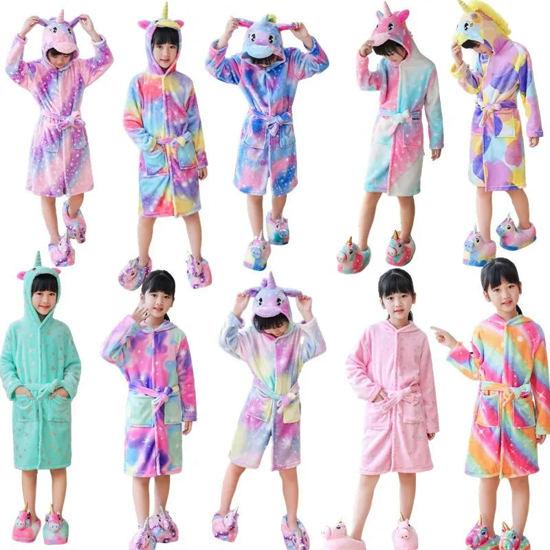 Children Bathrobe Unicorn Kigurumi Pajamas – Hooded Fleece Kids Bath Robe Nightgown for Girls Boys Baby