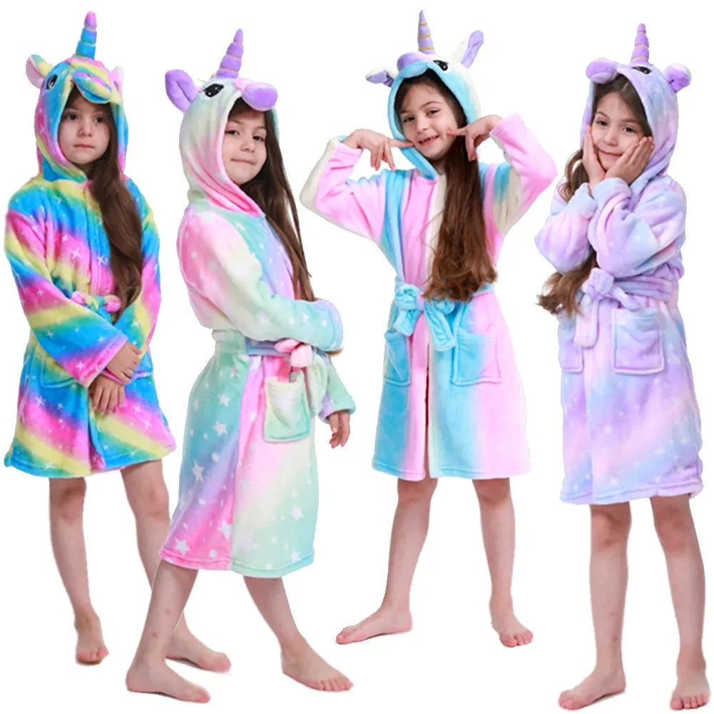 Children Bathrobe Unicorn Kigurumi Pajamas – Hooded Fleece Kids Bath Robe Nightgown for Girls Boys Baby