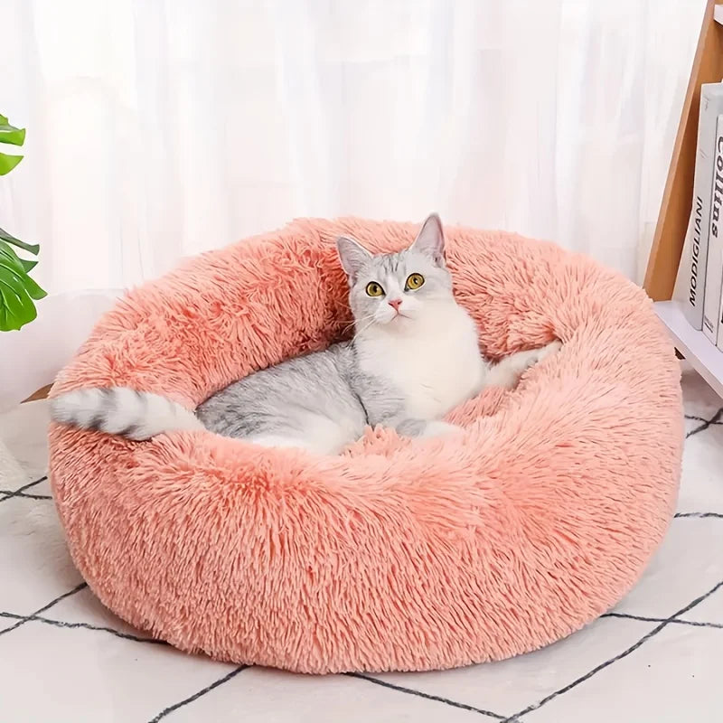 Warm Plush Round Pet Bed for Cats and Dogs, Striped Soft Nest for Deep Sleep, Indoor Use – Gray