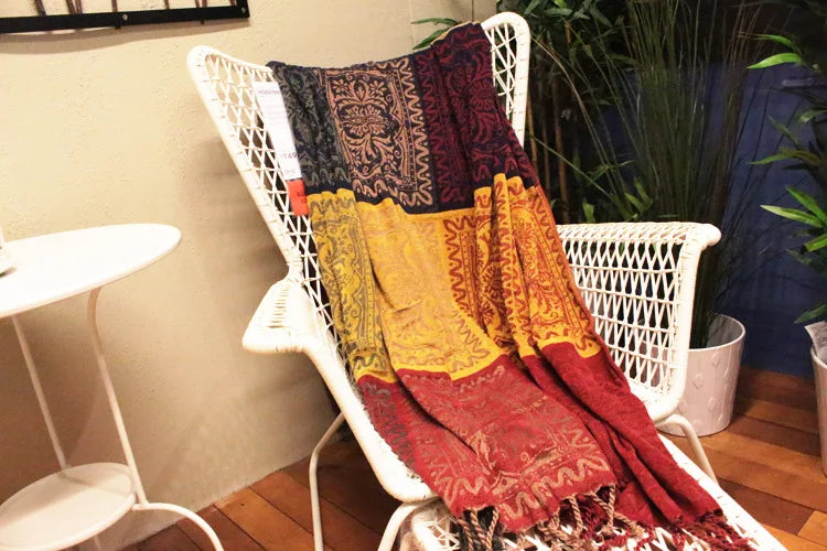Mediterranean Bohemian Chenille Sofa Throw – Colorful Plaid Blanket with Tassels