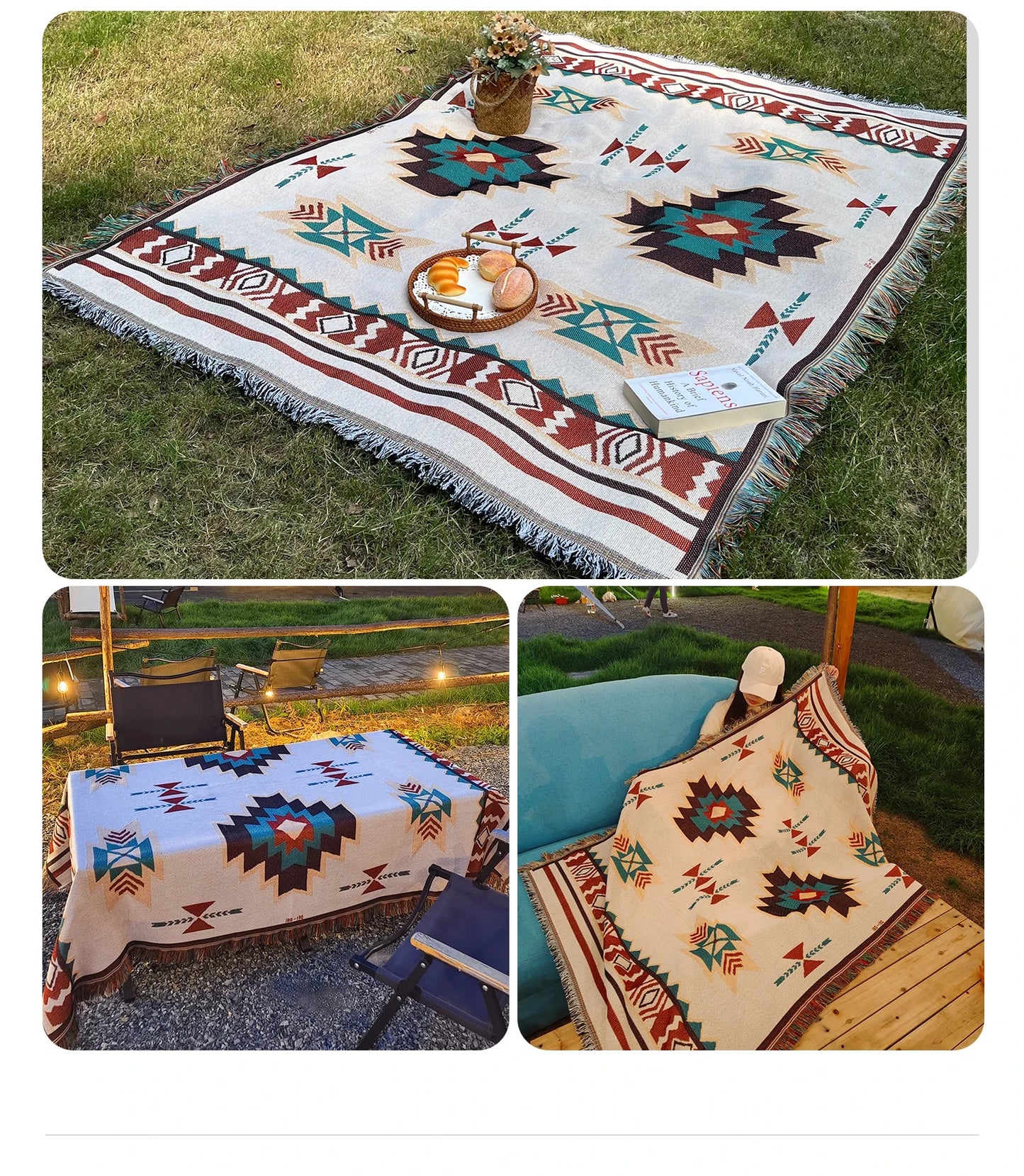 Bohemian Multi-Purpose Throw Blanket – Grid Pattern Sofa Throw, Bed Sheet, Home Decor & Outdoor Travel Blanket