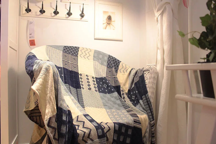 Mediterranean Bohemian Chenille Sofa Throw – Colorful Plaid Blanket with Tassels