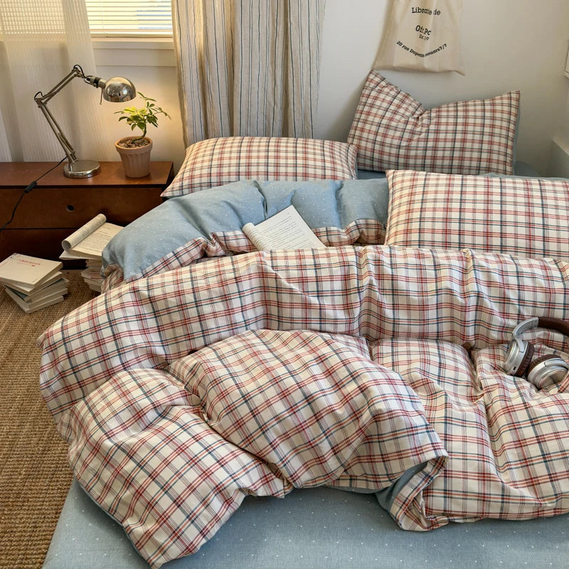 100% Cotton Plaid Style Duvet Cover Set with 2 Pillowcases - Soft & Breathable Bedding Set, Hypoallergenic, Easy Care