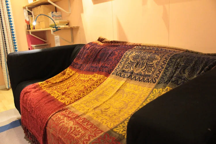 Mediterranean Bohemian Chenille Sofa Throw – Colorful Plaid Blanket with Tassels