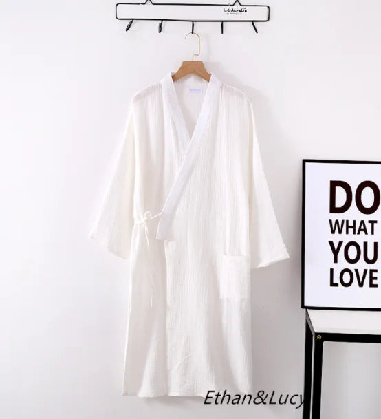 Lightweight Japanese Kimono Robe for Men & Women, Cotton Crepe Sleepwear Bathrobe for Spring & Autumn