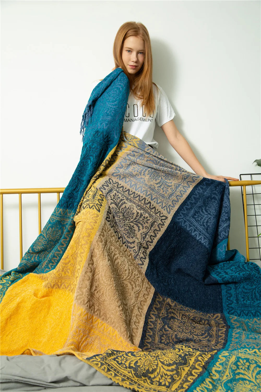 Mediterranean Bohemian Chenille Sofa Throw – Colorful Plaid Blanket with Tassels