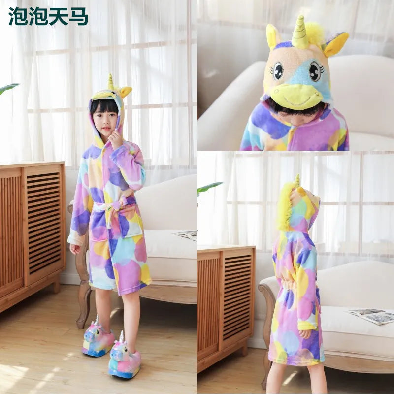 Children Bathrobe Unicorn Kigurumi Pajamas – Hooded Fleece Kids Bath Robe Nightgown for Girls Boys Baby