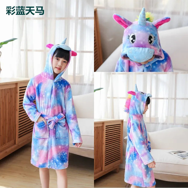 Children Bathrobe Unicorn Kigurumi Pajamas – Hooded Fleece Kids Bath Robe Nightgown for Girls Boys Baby