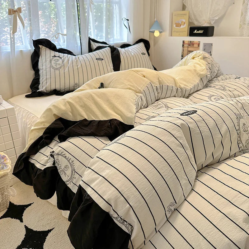 1.5m 1.8m Korean Style Cotton Fitted Sheet Set, Lace Floral Print Bedding for All Seasons – Adults & Kids