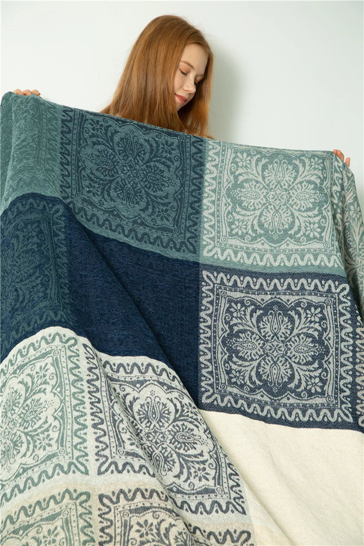 Mediterranean Bohemian Chenille Sofa Throw – Colorful Plaid Blanket with Tassels