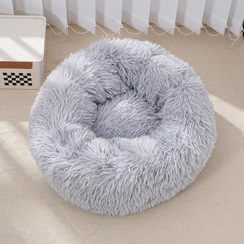 Warm Plush Round Pet Bed for Cats and Dogs, Striped Soft Nest for Deep Sleep, Indoor Use – Gray