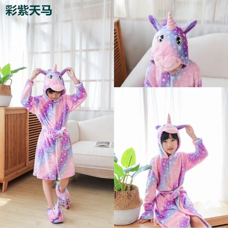 Children Bathrobe Unicorn Kigurumi Pajamas – Hooded Fleece Kids Bath Robe Nightgown for Girls Boys Baby