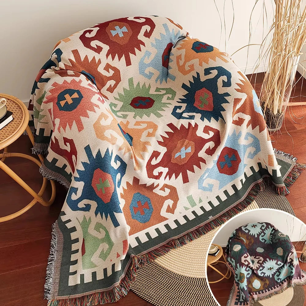 Bohemian Multi-Purpose Throw Blanket – Grid Pattern Sofa Throw, Bed Sheet, Home Decor & Outdoor Travel Blanket