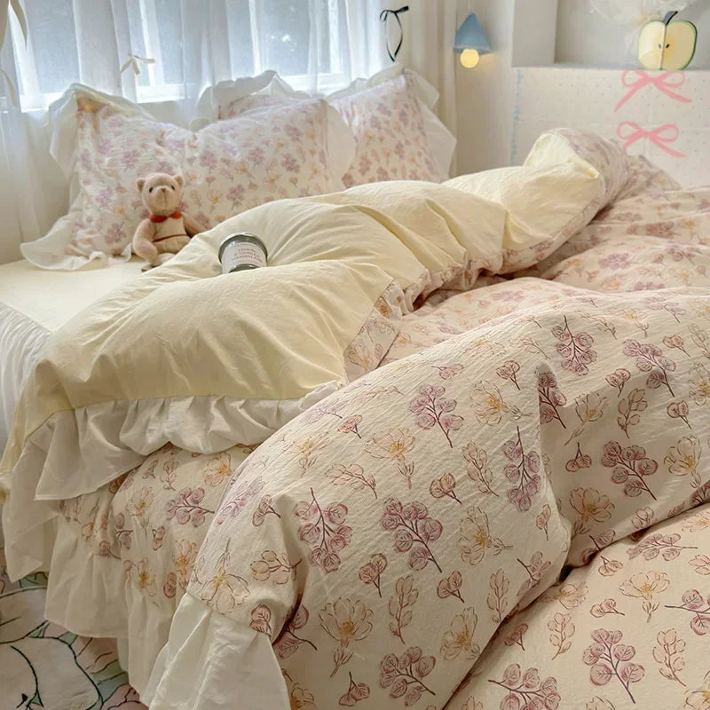 1.5m 1.8m Korean Style Cotton Fitted Sheet Set, Lace Floral Print Bedding for All Seasons – Adults & Kids