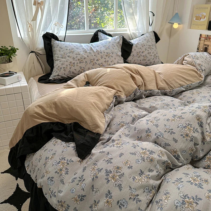 1.5m 1.8m Korean Style Cotton Fitted Sheet Set, Lace Floral Print Bedding for All Seasons – Adults & Kids