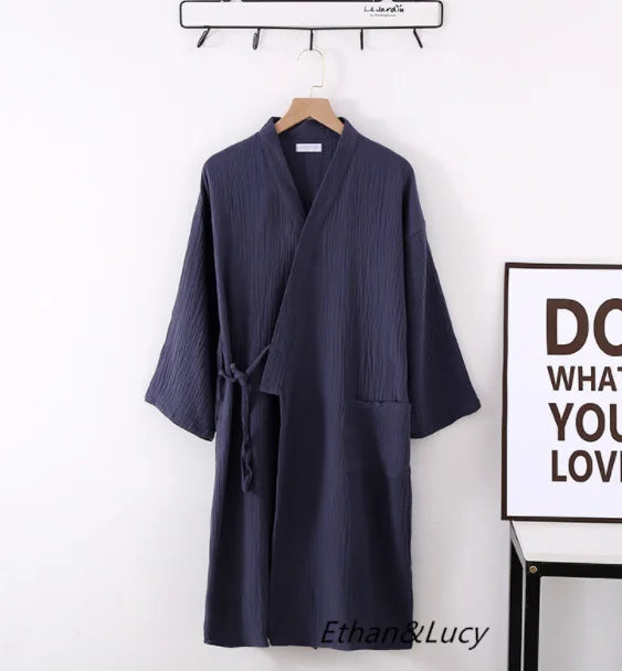 Lightweight Japanese Kimono Robe for Men & Women, Cotton Crepe Sleepwear Bathrobe for Spring & Autumn